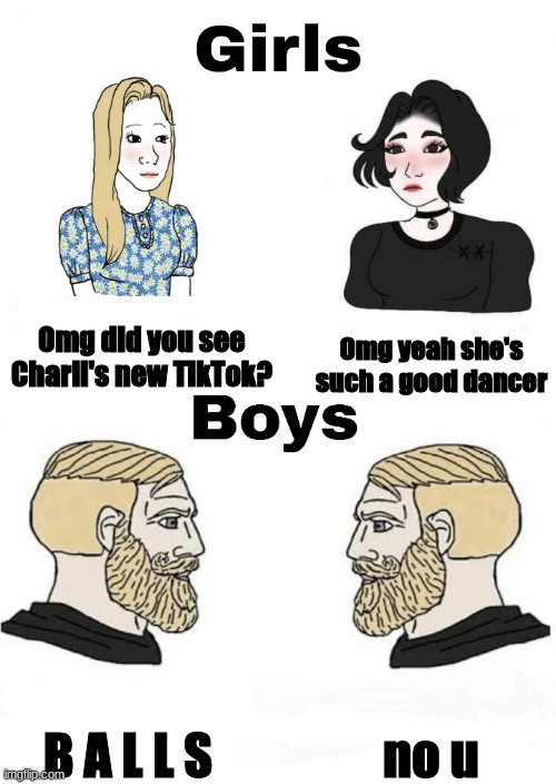 Girls vs Boys | Omg did you see Charli's new TikTok? Omg yeah she's such a good dancer; no u; B A L L S | image tagged in girls vs boys | made w/ Imgflip meme maker