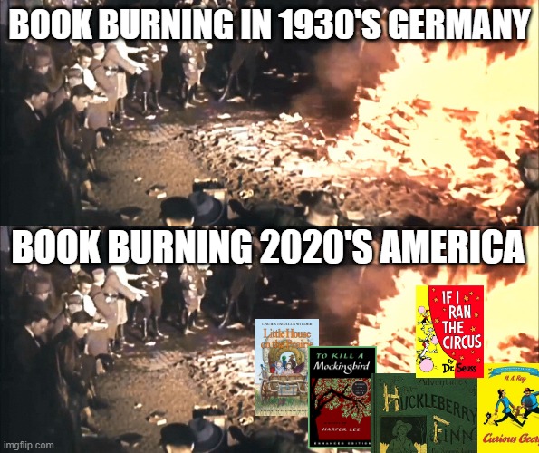 Book Burning 2020s America | BOOK BURNING IN 1930'S GERMANY; BOOK BURNING 2020'S AMERICA | image tagged in book burning,censorship,woke,banning,cancel culture | made w/ Imgflip meme maker