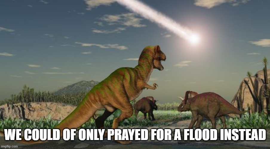 Dinosaurs meteor | WE COULD OF ONLY PRAYED FOR A FLOOD INSTEAD | image tagged in dinosaurs meteor | made w/ Imgflip meme maker