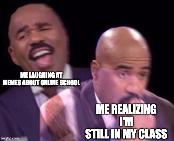 OOf | ME LAUGHING AT MEMES ABOUT ONLINE SCHOOL; ME REALIZING I'M STILL IN MY CLASS | image tagged in steve harvey laughing serious | made w/ Imgflip meme maker