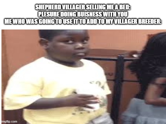 SHEPHERD VILLAGER SELLING ME A BED: PLESURE DOING BUISNESS WITH YOU
ME WHO WAS GOING TO USE IT TO ADD TO MY VILLAGER BREEDER: | image tagged in nervous | made w/ Imgflip meme maker