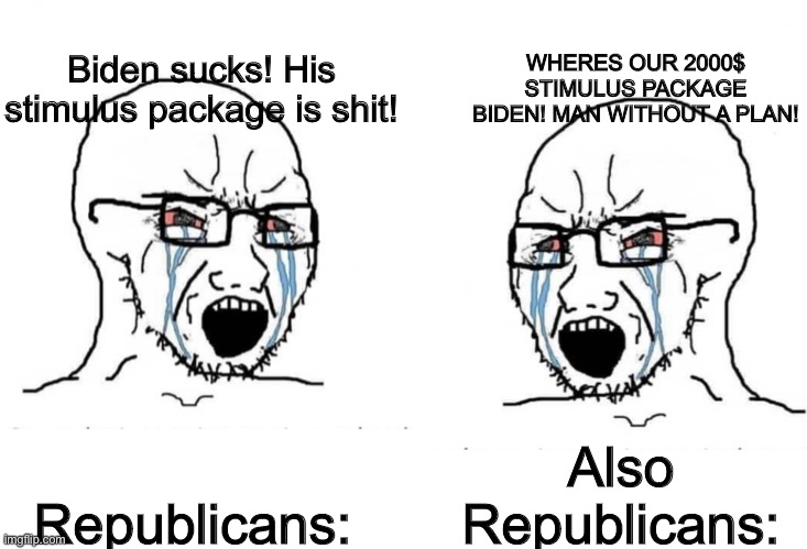 And I thought the Democrats were complicated... JESUS | Biden sucks! His stimulus package is shit! WHERES OUR 2000$ STIMULUS PACKAGE BIDEN! MAN WITHOUT A PLAN! Also Republicans:; Republicans: | image tagged in stupid people | made w/ Imgflip meme maker
