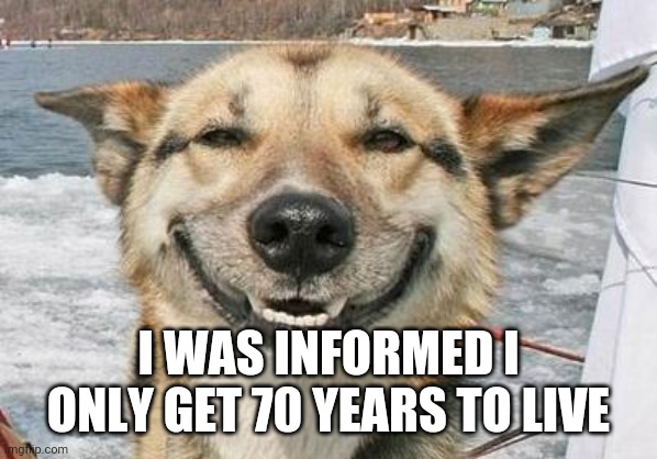 smiling dog | I WAS INFORMED I ONLY GET 70 YEARS TO LIVE | image tagged in smiling dog | made w/ Imgflip meme maker