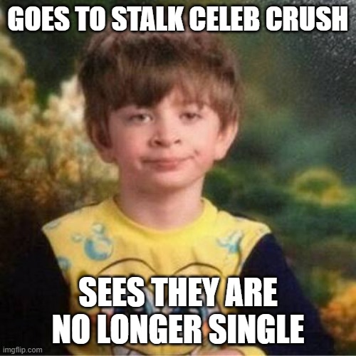 Seriously | GOES TO STALK CELEB CRUSH; SEES THEY ARE NO LONGER SINGLE | image tagged in pajama kid | made w/ Imgflip meme maker