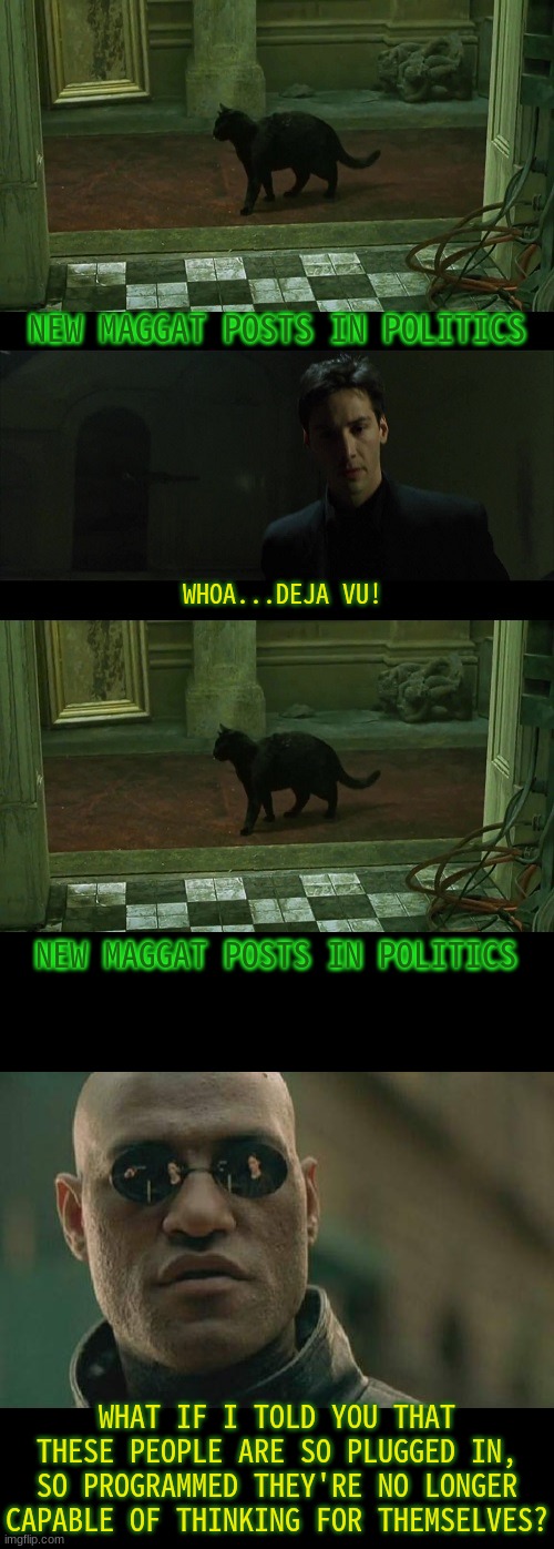 The Matrix: Repluggedicans. | NEW MAGGAT POSTS IN POLITICS; WHOA...DEJA VU! NEW MAGGAT POSTS IN POLITICS; WHAT IF I TOLD YOU THAT THESE PEOPLE ARE SO PLUGGED IN, SO PROGRAMMED THEY'RE NO LONGER CAPABLE OF THINKING FOR THEMSELVES? | image tagged in deja vu matrix,memes,matrix morpheus | made w/ Imgflip meme maker