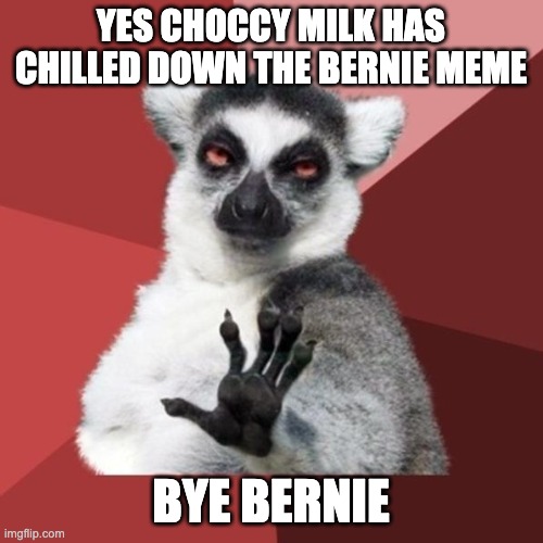 Chill Out Lemur Meme | YES CHOCCY MILK HAS CHILLED DOWN THE BERNIE MEME BYE BERNIE | image tagged in memes,chill out lemur | made w/ Imgflip meme maker