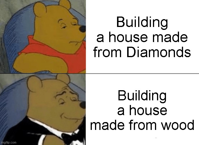 Tuxedo Winnie The Pooh Meme | Building a house made from Diamonds; Building a house made from wood | image tagged in memes,tuxedo winnie the pooh | made w/ Imgflip meme maker