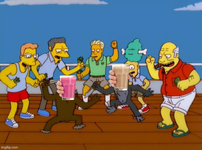 the battle continues | image tagged in simpsons monkey fight,choccy milk,straby milk,choccy-straby war | made w/ Imgflip meme maker