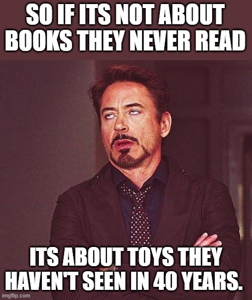 Robert Downey Jr Annoyed | SO IF ITS NOT ABOUT BOOKS THEY NEVER READ ITS ABOUT TOYS THEY HAVEN'T SEEN IN 40 YEARS. | image tagged in robert downey jr annoyed | made w/ Imgflip meme maker
