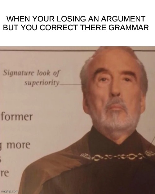 Signature Look of superiority | WHEN YOUR LOSING AN ARGUMENT BUT YOU CORRECT THERE GRAMMAR | image tagged in signature look of superiority,never gonna give you up,never gonna let you down,never gonna run around,and desert you | made w/ Imgflip meme maker