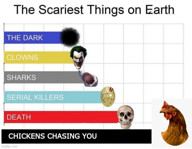 scariest things on earth | CHICKENS CHASING YOU | image tagged in scariest things on earth,chicken,chicken nuggets | made w/ Imgflip meme maker