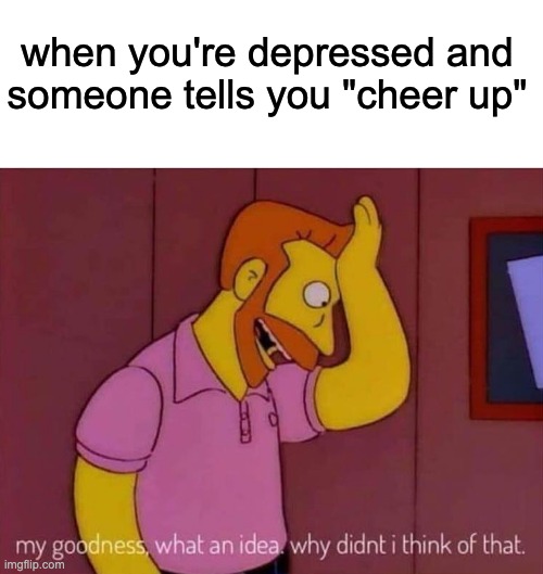"cheer up" | when you're depressed and someone tells you "cheer up" | image tagged in my goodness what an idea why didn't i think of that,memes,funny | made w/ Imgflip meme maker