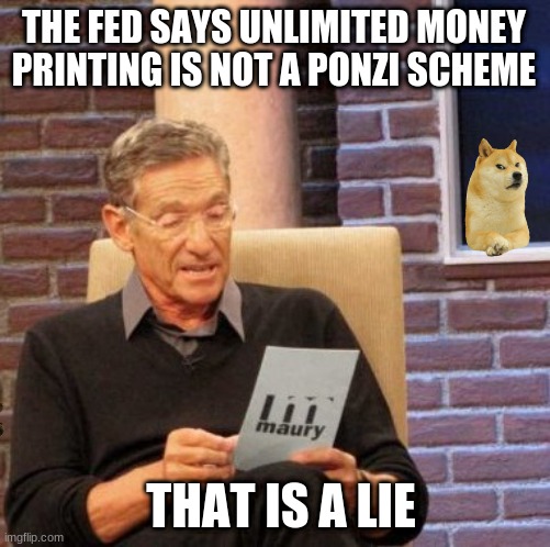 Doge | THE FED SAYS UNLIMITED MONEY PRINTING IS NOT A PONZI SCHEME; THAT IS A LIE | image tagged in memes,dogecoin,cryptocurrency,doge,money,bitcoin | made w/ Imgflip meme maker