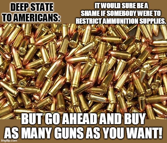 Ammo restricted by deep state | IT WOULD SURE BE A SHAME IF SOMEBODY WERE TO RESTRICT AMMUNITION SUPPLIES. DEEP STATE TO AMERICANS:; BUT GO AHEAD AND BUY AS MANY GUNS AS YOU WANT! | image tagged in ammo,deep state,restrictions,gun control | made w/ Imgflip meme maker