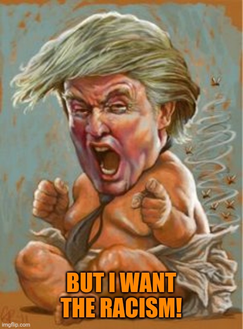 Trump Baby | BUT I WANT THE RACISM! | image tagged in trump baby | made w/ Imgflip meme maker