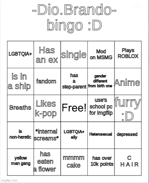 :D | -Dio.Brando- bingo :D; single; Has an ex; Plays ROBLOX; LGBTQIA+; Mod on MSMG; has a step-parent; is in a ship; Anime; gender different from birth one; fandom; use's school pc for imgflip; Breaths; furry :D; Likes k-pop; is non-heretic; *internal screams*; depressed; Heterosexual; LGBTQIA+ ally; has eaten a flower; C H A I R; yellow man gang; mmmm cake; has over 10k points | image tagged in blank bingo | made w/ Imgflip meme maker