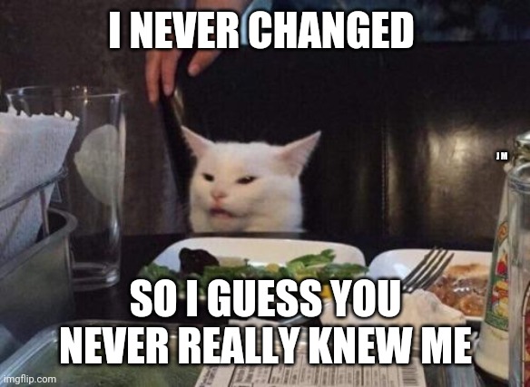 Salad cat | I NEVER CHANGED; J M; SO I GUESS YOU NEVER REALLY KNEW ME | image tagged in salad cat | made w/ Imgflip meme maker