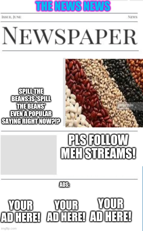 The News News as of 3/3/21(pls more ads and pls follow meh streams![i really need to pay more atteinton to dis stream... : < / ] | THE NEWS NEWS; SPILL THE BEANS:IS 'SPILL THE BEANS' EVEN A POPULAR SAYING RIGHT NOW?!? PLS FOLLOW MEH STREAMS! ADS:; YOUR AD HERE! YOUR AD HERE! YOUR AD HERE! | image tagged in blank newspaper | made w/ Imgflip meme maker