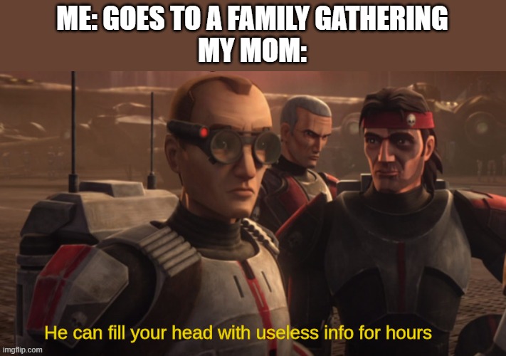 He can fill your head with useless info for hours | ME: GOES TO A FAMILY GATHERING
MY MOM: | image tagged in he can fill your head with useless info for hours | made w/ Imgflip meme maker