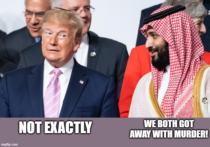 Prince Kills One, Trump Kills 400,000 | WE BOTH GOT AWAY WITH MURDER! NOT EXACTLY | image tagged in genocide,mass murder,khashoggi | made w/ Imgflip meme maker
