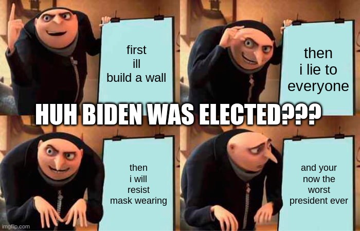 Gru's Plan | first ill build a wall; then i lie to everyone; HUH BIDEN WAS ELECTED??? then i will resist mask wearing; and your now the worst president ever | image tagged in memes,gru's plan | made w/ Imgflip meme maker
