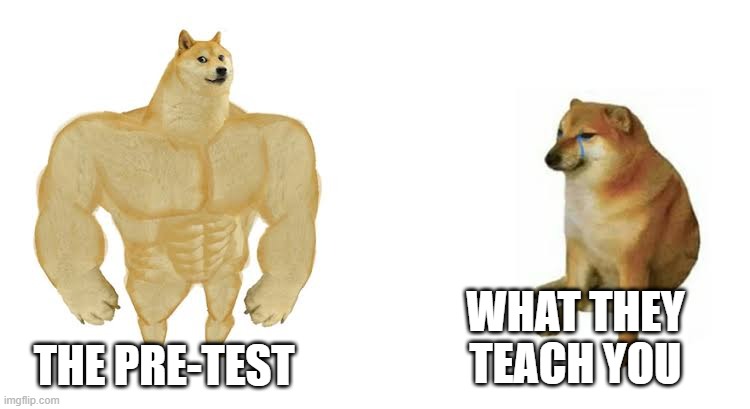 Strong doge weak doge | THE PRE-TEST WHAT THEY TEACH YOU | image tagged in strong doge weak doge | made w/ Imgflip meme maker