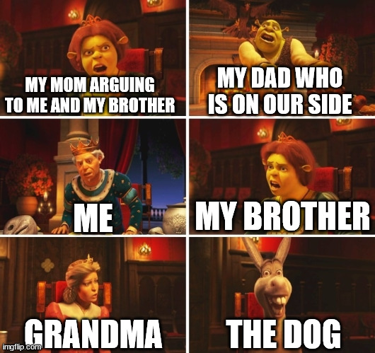 Its the truth | MY MOM ARGUING TO ME AND MY BROTHER; MY DAD WHO IS ON OUR SIDE; MY BROTHER; ME; THE DOG; GRANDMA | image tagged in shrek fiona harold donkey | made w/ Imgflip meme maker
