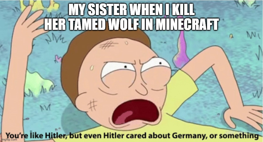 Rick and Morty Hitler | MY SISTER WHEN I KILL HER TAMED WOLF IN MINECRAFT | image tagged in rick and morty hitler | made w/ Imgflip meme maker