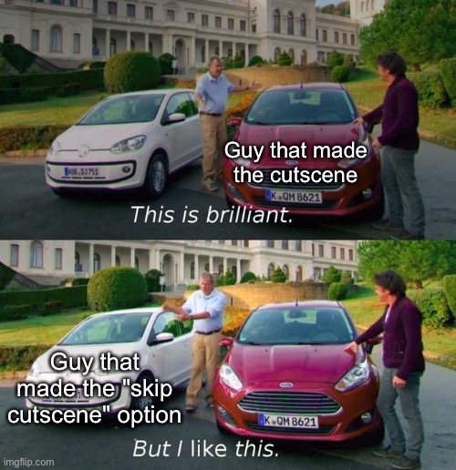 Reallly tho | Guy that made the cutscene; Guy that made the "skip cutscene" option | image tagged in this is brilliant but i like this | made w/ Imgflip meme maker