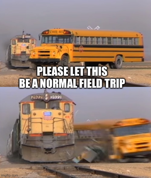 A train hitting a school bus | PLEASE LET THIS BE A NORMAL FIELD TRIP | image tagged in a train hitting a school bus | made w/ Imgflip meme maker