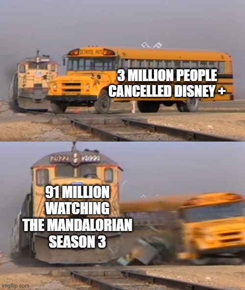 Drop in a Bucket | 3 MILLION PEOPLE CANCELLED DISNEY +; 91 MILLION WATCHING THE MANDALORIAN SEASON 3 | image tagged in a train hitting a school bus | made w/ Imgflip meme maker