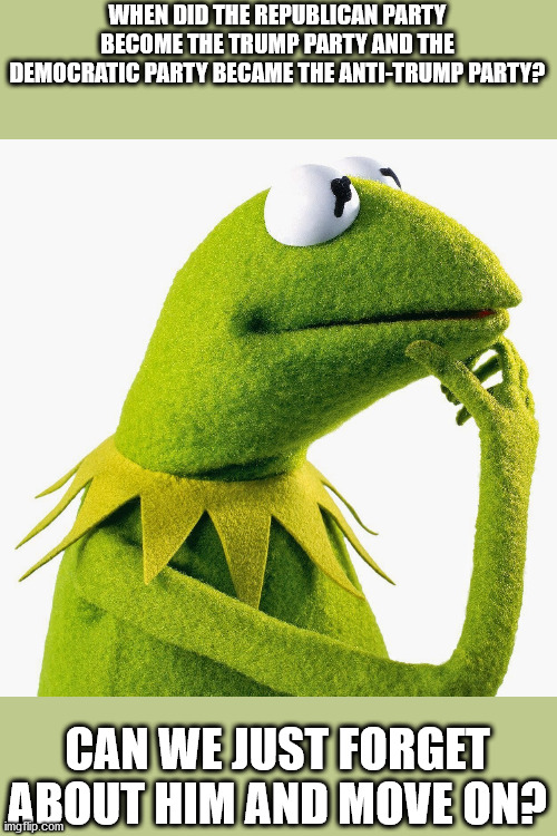 still it seems to be | WHEN DID THE REPUBLICAN PARTY BECOME THE TRUMP PARTY AND THE DEMOCRATIC PARTY BECAME THE ANTI-TRUMP PARTY? CAN WE JUST FORGET ABOUT HIM AND MOVE ON? | image tagged in thinking kermit | made w/ Imgflip meme maker