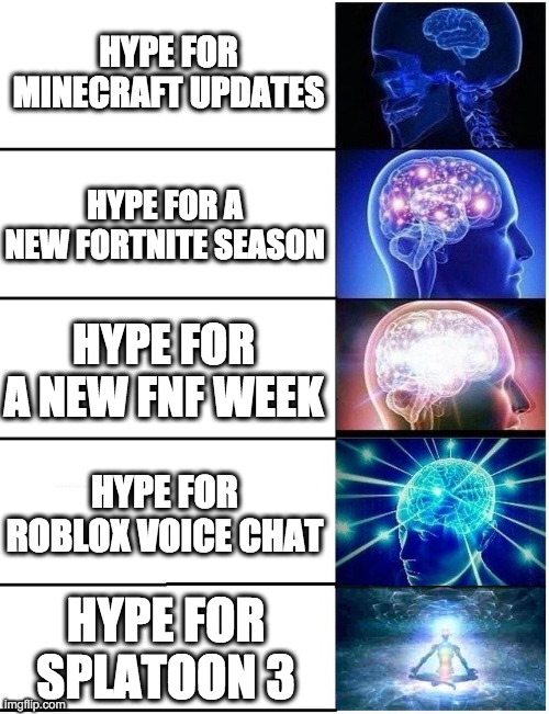 Expanding Brain 5 Panel | HYPE FOR MINECRAFT UPDATES; HYPE FOR A NEW FORTNITE SEASON; HYPE FOR A NEW FNF WEEK; HYPE FOR ROBLOX VOICE CHAT; HYPE FOR SPLATOON 3 | image tagged in expanding brain 5 panel | made w/ Imgflip meme maker