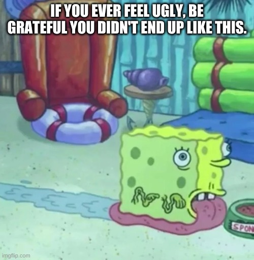 actual scene from spongebob | IF YOU EVER FEEL UGLY, BE GRATEFUL YOU DIDN'T END UP LIKE THIS. | image tagged in memes,funny,spongebob,wtf,cursed image | made w/ Imgflip meme maker
