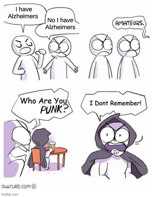 What is this meme? Who am I? Who are YOU? | No I have Alzheimers; I have Alzheimers; Who Are You; I Dont Remember! | image tagged in amatuers meme,memes | made w/ Imgflip meme maker