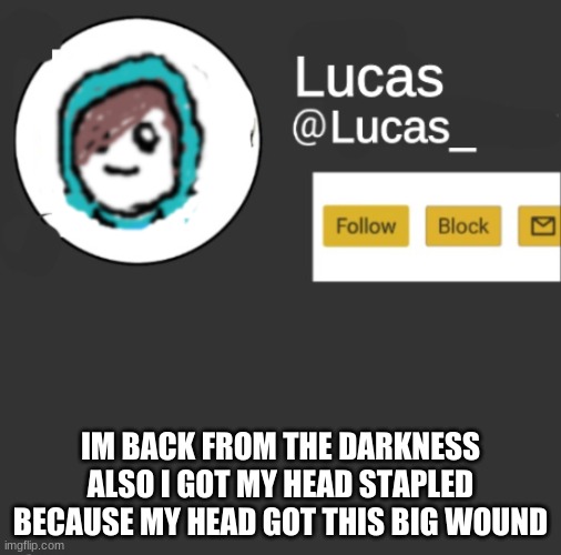 it was deep and lonng | IM BACK FROM THE DARKNESS ALSO I GOT MY HEAD STAPLED BECAUSE MY HEAD GOT THIS BIG WOUND | image tagged in lucas | made w/ Imgflip meme maker
