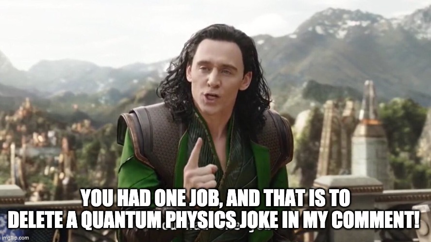 You had one job. Just the one | YOU HAD ONE JOB, AND THAT IS TO DELETE A QUANTUM PHYSICS JOKE IN MY COMMENT! | image tagged in you had one job just the one | made w/ Imgflip meme maker