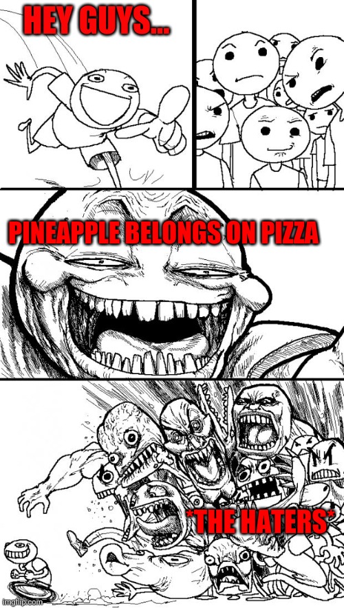 does pineapple belong on pizza? | HEY GUYS... PINEAPPLE BELONGS ON PIZZA; *THE HATERS* | image tagged in memes,hey internet | made w/ Imgflip meme maker