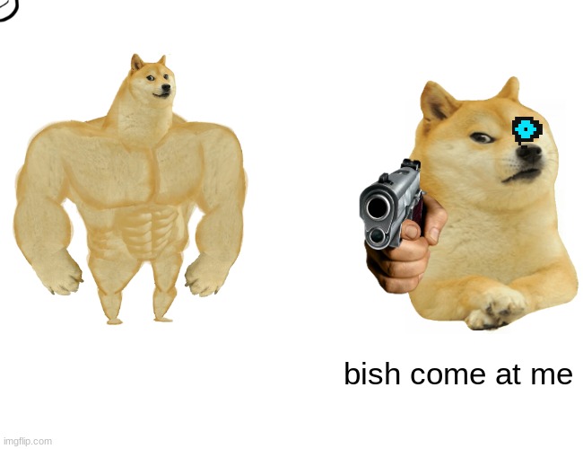 bish i dare you | bish come at me | image tagged in memes,buff doge vs cheems | made w/ Imgflip meme maker