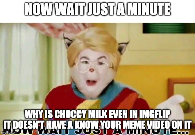 Now wait just a minute | NOW WAIT JUST A MINUTE WHY IS CHOCCY MILK EVEN IN IMGFLIP IT DOESN'T HAVE A KNOW YOUR MEME VIDEO ON IT | image tagged in now wait just a minute | made w/ Imgflip meme maker