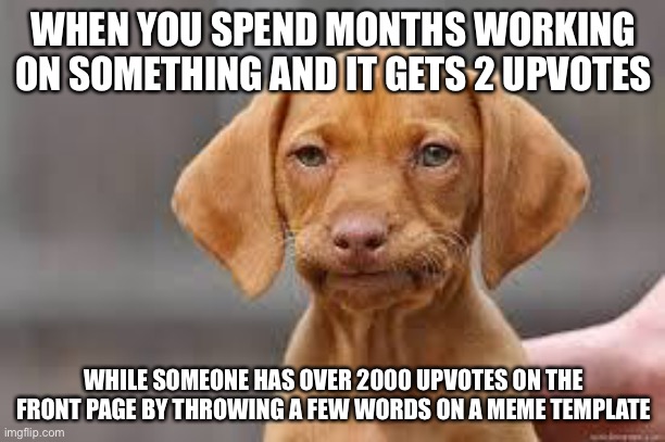 It’s all in the hilarity. | WHEN YOU SPEND MONTHS WORKING ON SOMETHING AND IT GETS 2 UPVOTES; WHILE SOMEONE HAS OVER 2000 UPVOTES ON THE FRONT PAGE BY THROWING A FEW WORDS ON A MEME TEMPLATE | image tagged in disappointed dog,funny,memes,upvotes,so true memes | made w/ Imgflip meme maker