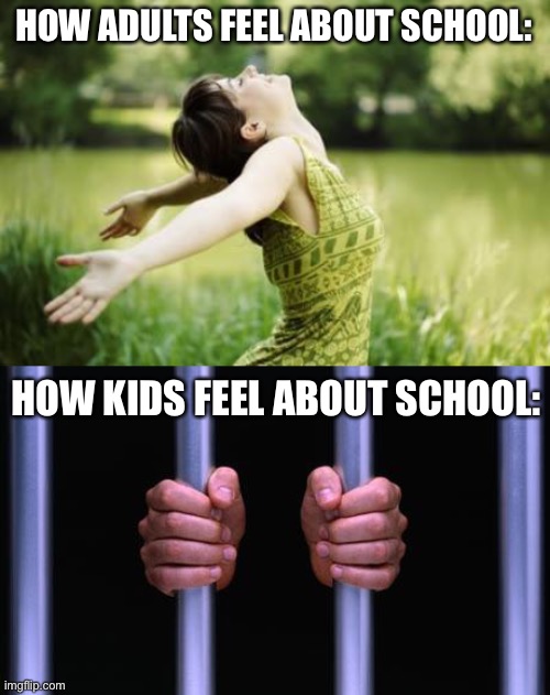 LOL | HOW ADULTS FEEL ABOUT SCHOOL:; HOW KIDS FEEL ABOUT SCHOOL: | image tagged in that moment when relief,prison bars,school,funny,so true memes,robert downey relief | made w/ Imgflip meme maker