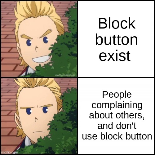 THERE IS A BLOCK BUTTON PEOPLE | Block button exist; People complaining about others, and don't use block button | image tagged in mirio drake meme | made w/ Imgflip meme maker