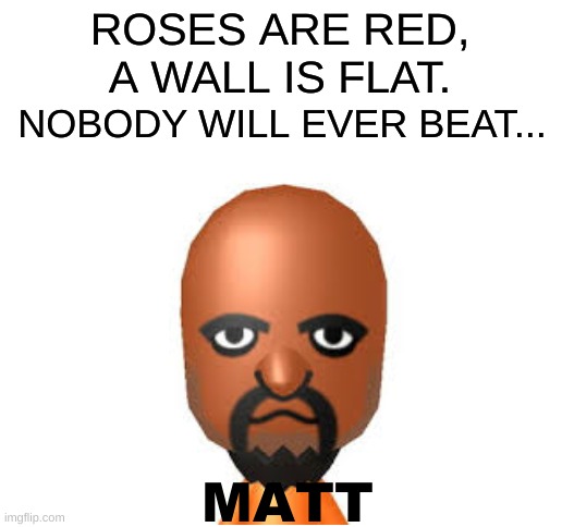 Who even has beat the "GWSP" (Greatest Wii Sports Player)? | ROSES ARE RED,
A WALL IS FLAT. NOBODY WILL EVER BEAT... MATT | image tagged in blank white template,wii,memes,fun | made w/ Imgflip meme maker