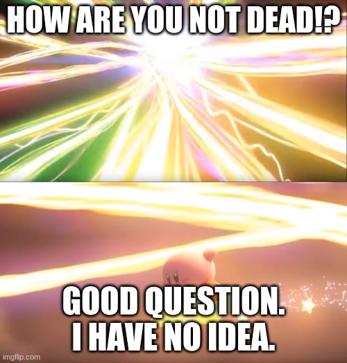 Kirby World of Light | HOW ARE YOU NOT DEAD!? GOOD QUESTION. I HAVE NO IDEA. | image tagged in kirby world of light | made w/ Imgflip meme maker