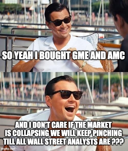 Leonardo Dicaprio Wolf Of Wall Street Meme | SO YEAH I BOUGHT GME AND AMC AND I DON'T CARE IF THE MARKET IS COLLAPSING WE WILL KEEP PINCHING TILL ALL WALL STREET ANALYSTS ARE ??? | image tagged in memes,leonardo dicaprio wolf of wall street | made w/ Imgflip meme maker