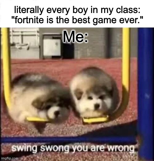 this actually happened to me ;-; | literally every boy in my class: "fortnite is the best game ever."; Me: | image tagged in swing swong you are wrong,fortnite sucks,minecraft,lol | made w/ Imgflip meme maker
