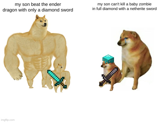 minecraft noob kid vs pro kid? | my son beat the ender dragon with only a diamond sword; my son can't kill a baby zombie in full diamond with a netherite sword | image tagged in memes,buff doge vs cheems | made w/ Imgflip meme maker
