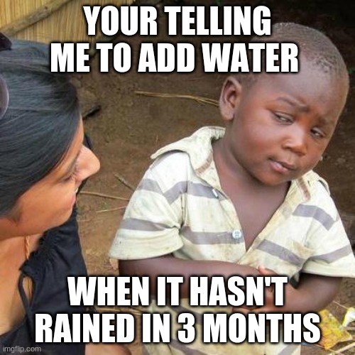 Third World Skeptical Kid | YOUR TELLING ME TO ADD WATER; WHEN IT HASN'T RAINED IN 3 MONTHS | image tagged in memes,third world skeptical kid | made w/ Imgflip meme maker