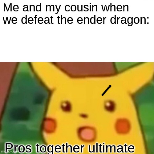 Surprised Pikachu Meme | Me and my cousin when we defeat the ender dragon:; Pros together ultimate | image tagged in memes,surprised pikachu | made w/ Imgflip meme maker